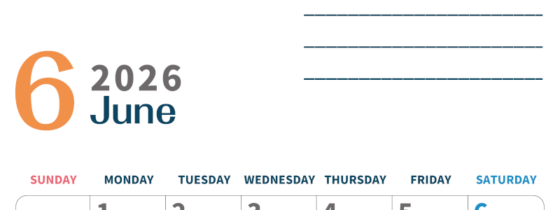 2026年6月カレンダーは縦型日曜始まりで目標設定もできる無料ダウンロード素材！(2026-01510610)