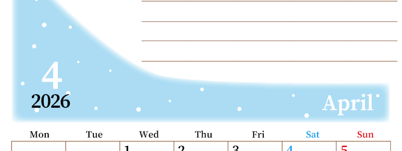 2026年4月カレンダーは縦型月曜始まりで目標管理におすすめ♪勉強を継続するのに最適：無料(2026-01530411)