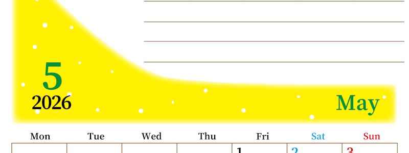 2026年5月カレンダーは縦型月曜始まりで目標管理におすすめ♪勉強を継続するのに最適：無料(2026-01530511)
