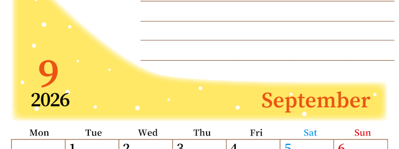 2026年9月カレンダーは縦型月曜始まりで目標管理におすすめ♪勉強を継続するのに最適：無料(2026-01530911)