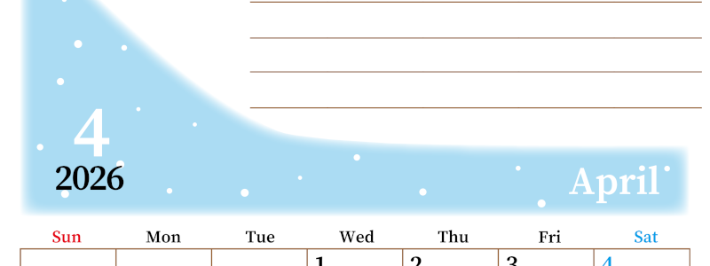 2026年4月カレンダーは縦型日曜始まりで目標管理におすすめ♪勉強を継続するのに最適：無料(2026-01530410)