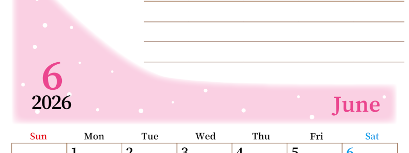 2026年6月カレンダーは縦型日曜始まりで目標管理におすすめ♪勉強を継続するのに最適：無料(2026-01530610)