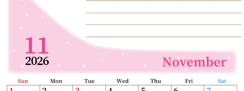 2026年11月カレンダーは縦型日曜始まりで目標管理におすすめ♪勉強を継続するのに最適：無料(2026-01531110)
