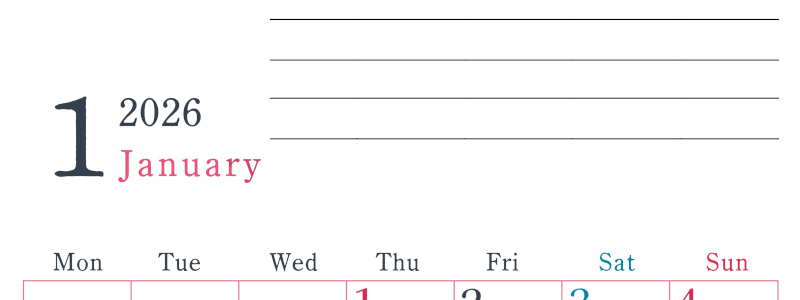 2026年1月カレンダーは縦型月曜始まりで目標設定欄あり♪習慣の継続につながる無料素材（A4）(2026-01560111)