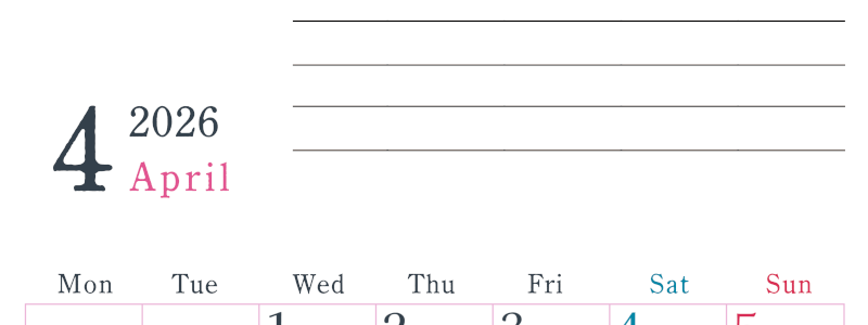 2026年4月カレンダーは縦型月曜始まりで目標設定欄あり♪習慣の継続につながる無料素材（A4）(2026-01560411)