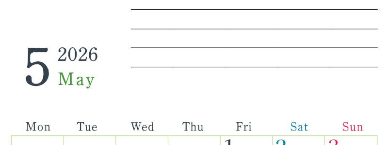 2026年5月カレンダーは縦型月曜始まりで目標設定欄あり♪習慣の継続につながる無料素材（A4）(2026-01560511)