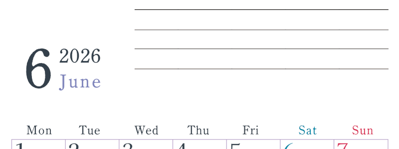 2026年6月カレンダーは縦型月曜始まりで目標設定欄あり♪習慣の継続につながる無料素材（A4）(2026-01560611)