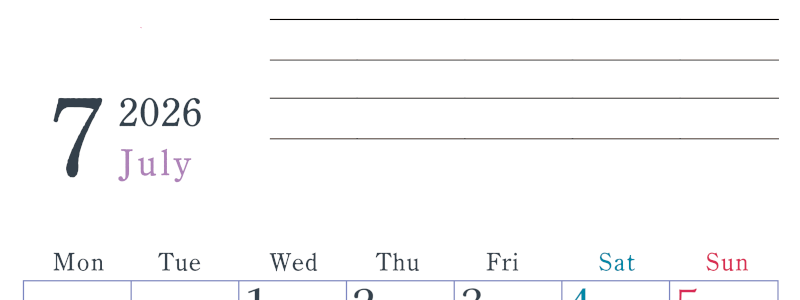 2026年7月カレンダーは縦型月曜始まり でベージュの花がおしゃれ：無料(2026-01560711)