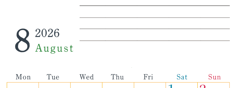 2026年8月カレンダーは縦型月曜始まりで目標設定欄あり♪習慣の継続につながる無料素材（A4）(2026-01560811)