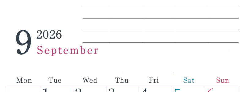 2026年9月カレンダーは縦型月曜始まりで目標設定欄あり♪習慣の継続につながる無料素材（A4）(2026-01560911)