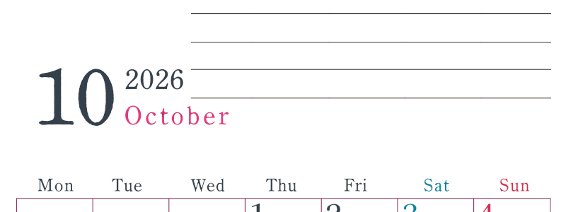 2026年10月カレンダーは縦型月曜始まりで目標設定欄あり♪習慣の継続につながる無料素材（A4）(2026-01561011)