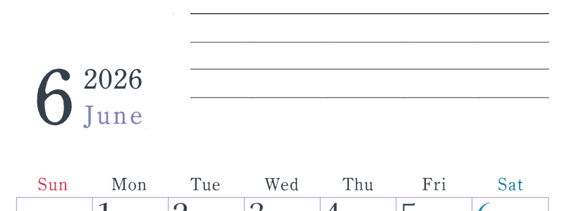 2026年6月カレンダーは縦型日曜始まりで目標設定欄あり♪習慣の継続につながる無料素材（A4）(2026-01560610)