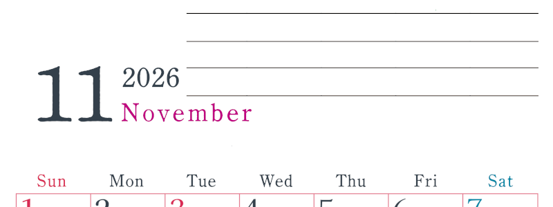 2026年11月カレンダーは縦型日曜始まりで目標設定欄あり♪習慣の継続につながる無料素材（A4）(2026-01561110)