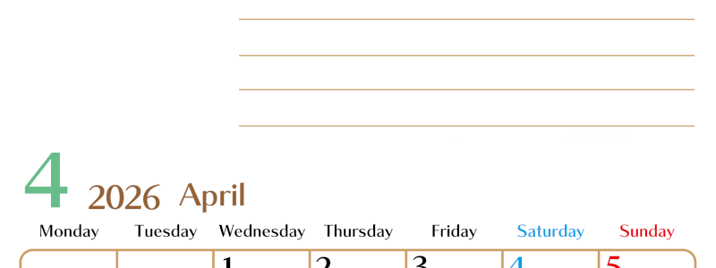2026年4月カレンダーは縦型月曜始まりで使いやすい目標管理シートつき！毎日可視化でモチベUP：無料(2026-01580411)