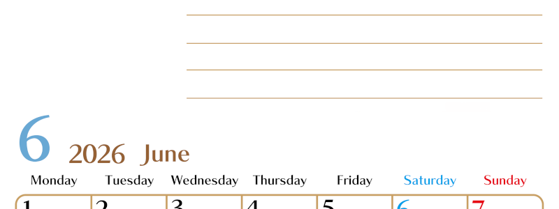 2026年6月カレンダーは縦型月曜始まりで使いやすい目標管理シートつき！毎日可視化でモチベUP：無料(2026-01580611)