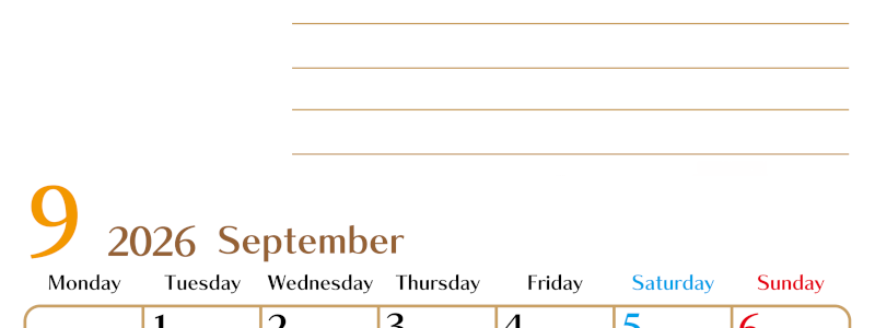 2026年9月カレンダーは縦型月曜始まりで使いやすい目標管理シートつき！毎日可視化でモチベUP：無料(2026-01580911)
