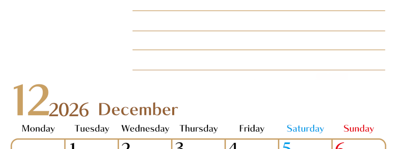 2026年12月カレンダーは縦型月曜始まりで使いやすい目標管理シートつき！毎日可視化でモチベUP：無料(2026-01581211)
