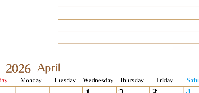 2026年4月カレンダーは縦型日曜始まりで使いやすい目標管理シートつき！毎日可視化でモチベUP：無料(2026-01580410)