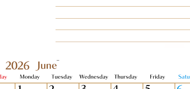2026年6月カレンダーは縦型日曜始まりで使いやすい目標管理シートつき！毎日可視化でモチベUP：無料(2026-01580610)