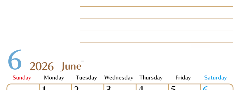 2026年6月カレンダーは縦型日曜始まりで使いやすい目標管理シートつき！毎日可視化でモチベUP：無料(2026-01580610)