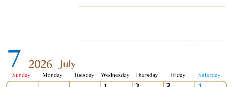 2026年7月カレンダーは縦型日曜始まり でベージュの花がおしゃれ：無料(2026-01580710)