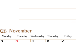 2026年11月カレンダーは縦型日曜始まりで使いやすい目標管理シートつき！毎日可視化でモチベUP：無料(2026-01581110)