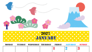 2027年1月縦型の月曜始まり 便利な富士山イラストのかわいいA4無料カレンダー