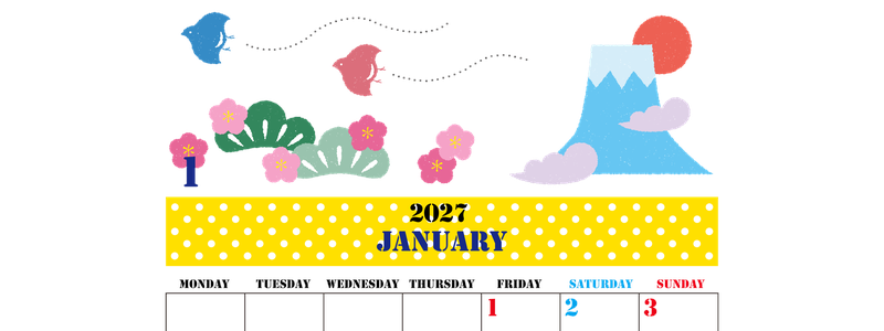 2027年1月縦型の月曜始まり 便利な富士山イラストのかわいいA4無料カレンダー