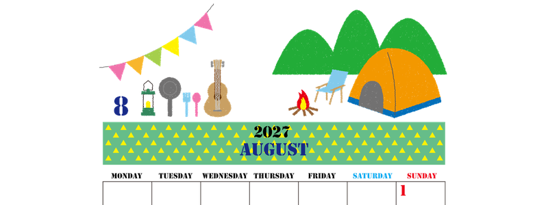 2027年8月縦型の月曜始まり 夏休みイラストのかわいいA4無料カレンダー