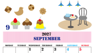 2027年9月縦型の月曜始まり 食欲の秋イラストのかわいいA4無料カレンダー