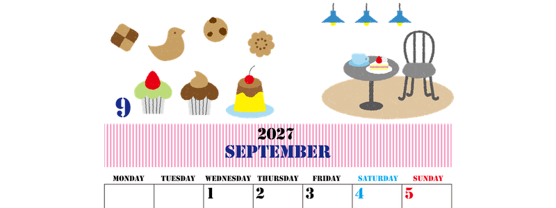 2027年9月縦型の月曜始まり 食欲の秋イラストのかわいいA4無料カレンダー