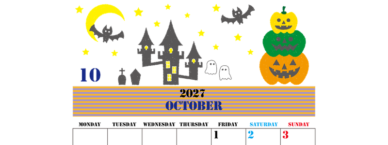2027年10月縦型の月曜始まり ハロウィンイラストがかわいいA4無料カレンダー