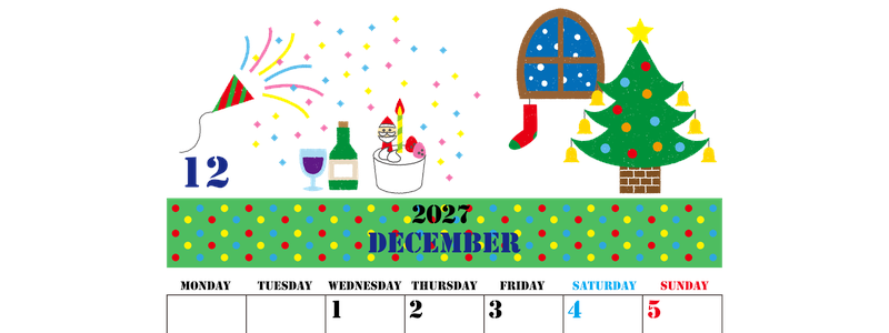 2027年12月縦型の月曜始まり パーティーのイラストがかわいいA4無料カレンダー