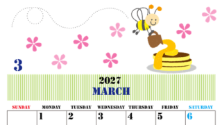 2027年3月縦型の日曜始まり パンケーキイラストのかわいいA4無料カレンダー