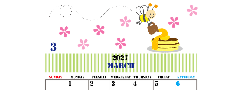 2027年3月縦型の日曜始まり パンケーキイラストのかわいいA4無料カレンダー