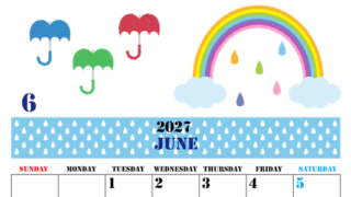 2027年6月縦型の日曜始まり 虹イラストのかわいいA4無料カレンダー