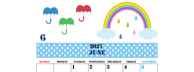 2027年6月縦型の日曜始まり 虹イラストのかわいいA4無料カレンダー