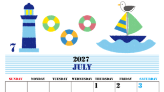 2027年7月縦型の日曜始まり マリンなイラストのかわいいA4無料カレンダー