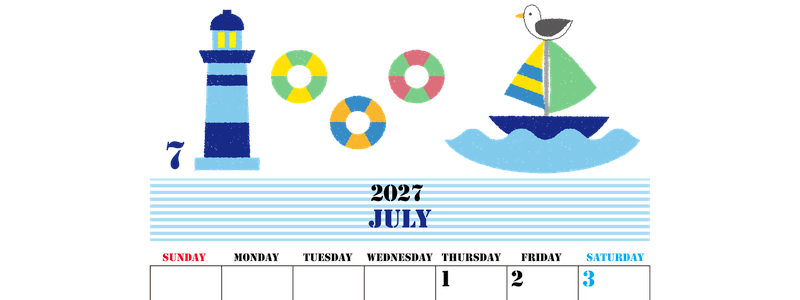 2027年7月縦型の日曜始まり マリンなイラストのかわいいA4無料カレンダー