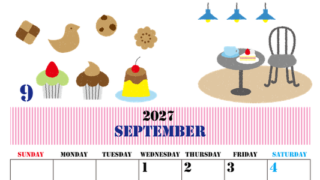 2027年9月縦型の日曜始まり 食欲の秋イラストのかわいいA4無料カレンダー
