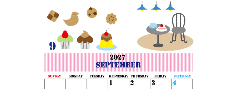 2027年9月縦型の日曜始まり 食欲の秋イラストのかわいいA4無料カレンダー