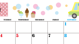 2027年5月横型の月曜始まり アイスクリームのイラストがかわいいA4無料カレンダー