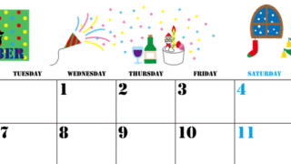2027年12月横型の月曜始まり パーティーのイラストがかわいいA4無料カレンダー