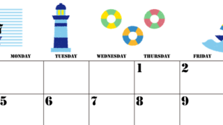 2027年7月横型の日曜始まり マリンなイラストのかわいいA4無料カレンダー
