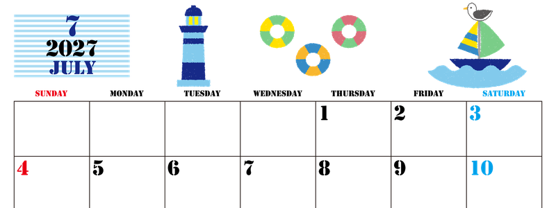 2027年7月横型の日曜始まり マリンなイラストのかわいいA4無料カレンダー