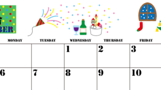 2027年12月横型の日曜始まり パーティーのイラストがかわいいA4無料カレンダー
