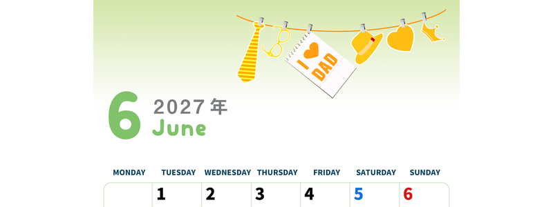 2027年6月縦型の月曜始まり 父の日イラストのかわいいA4無料カレンダー