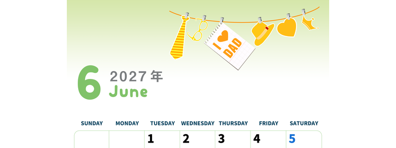 2027年6月縦型の日曜始まり 父の日イラストのかわいいA4無料カレンダー