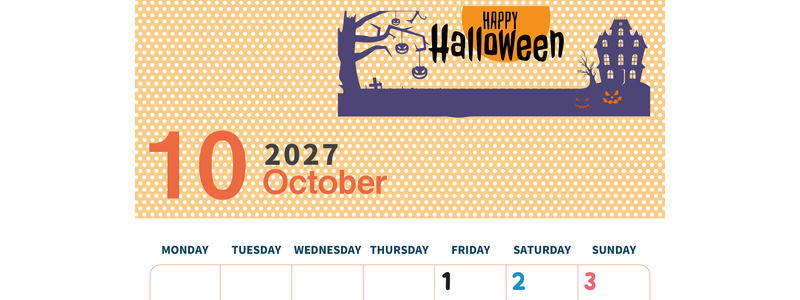 2027年10月縦型の月曜始まり ハロウィンイラストのおしゃれA4無料カレンダー