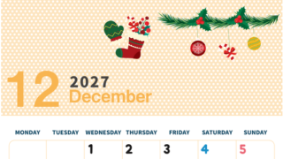 2027年12月縦型の月曜始まり クリスマスイラストのおしゃれA4無料カレンダー